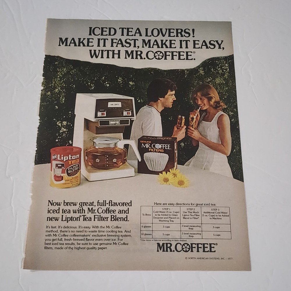 Vintage Print Ad Mr. Coffee Lipton Tea filter blend 1977 full page clipping